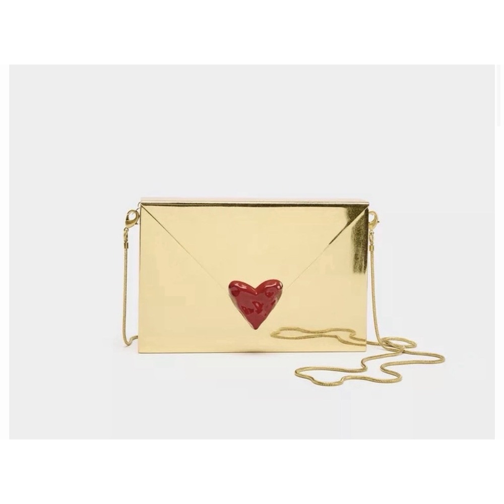 Zara Gold Rigid Clutch Purse Envelope Red Heart Crossbody Luxury Minaudiere